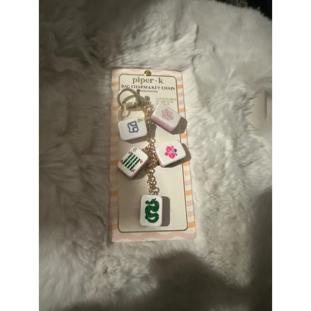 Piper K Mahjong Tile Bag Charm Keychain Hand Painted Gold Tone New